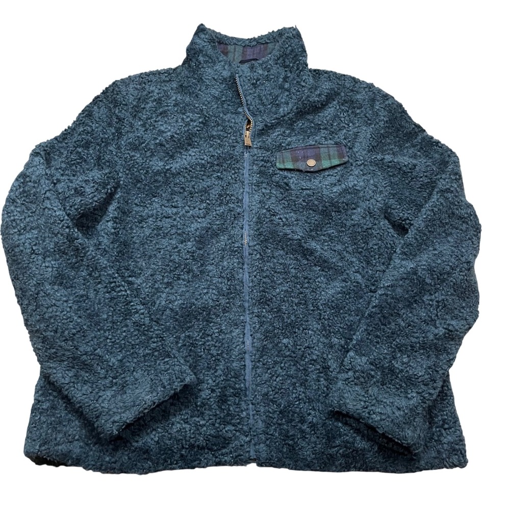 Pendleton Womens XL Sherpa Fleece Jacket Teal Blue Plaid Trim Full Zip Mock Neck